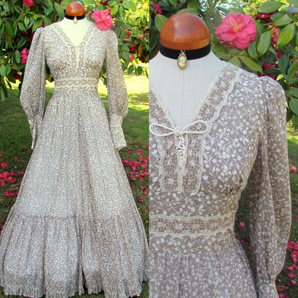 VICTORIAN COSTUME GOWN, S, WIDE RUFFLED SKIRT, TAUPE PRINT, LACE TRIM, LADYLIKE - Picture 1 of 9